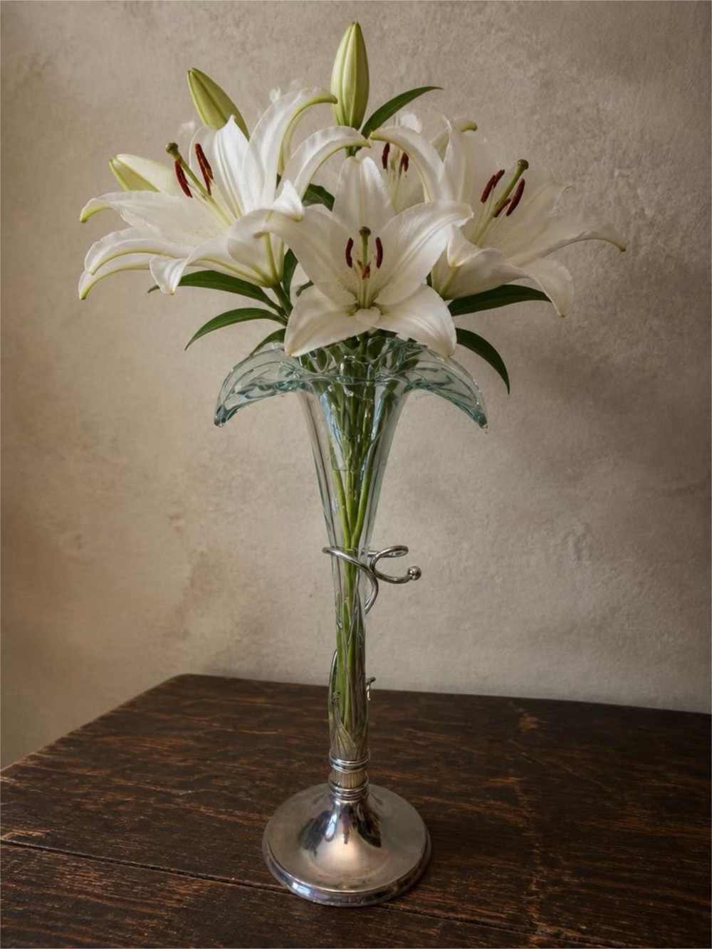 Vintage Clear Glass lily in bloom Vase with patina Silver-Tone Base patina